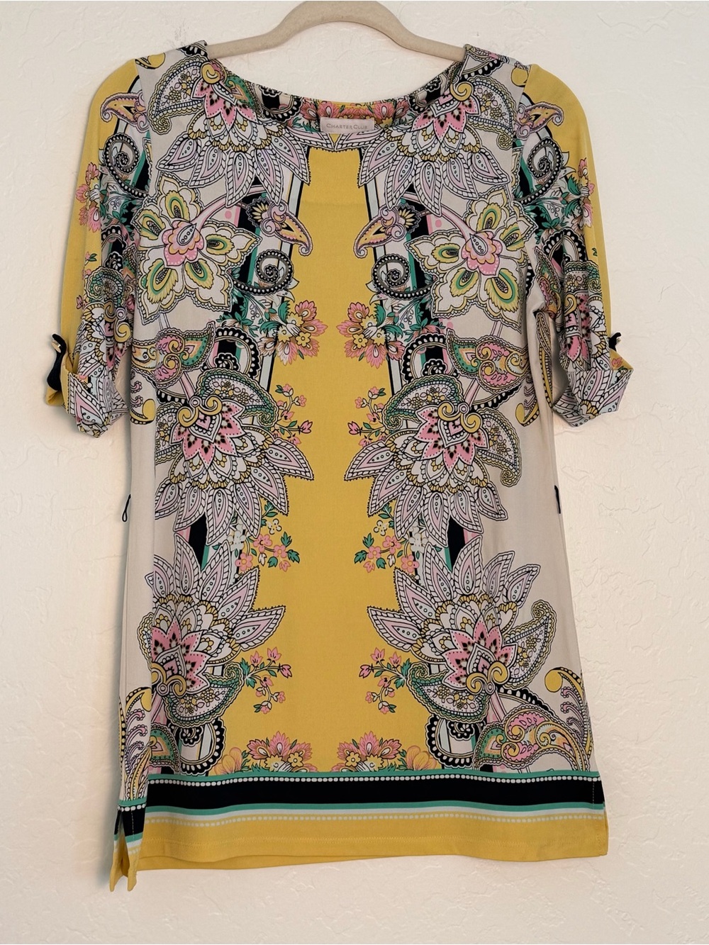 Charter Club Women's Small Blouse Yellow Floral Paisley short sleeve Boat Neck